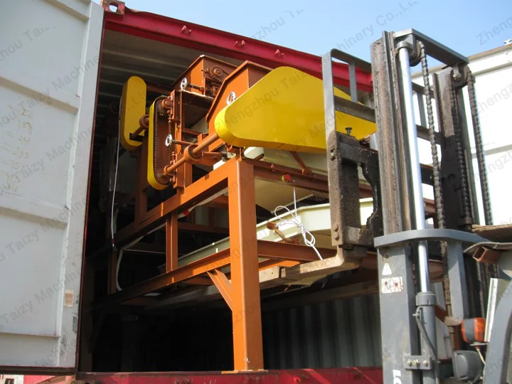 Almond hulling machine loaded for transportation